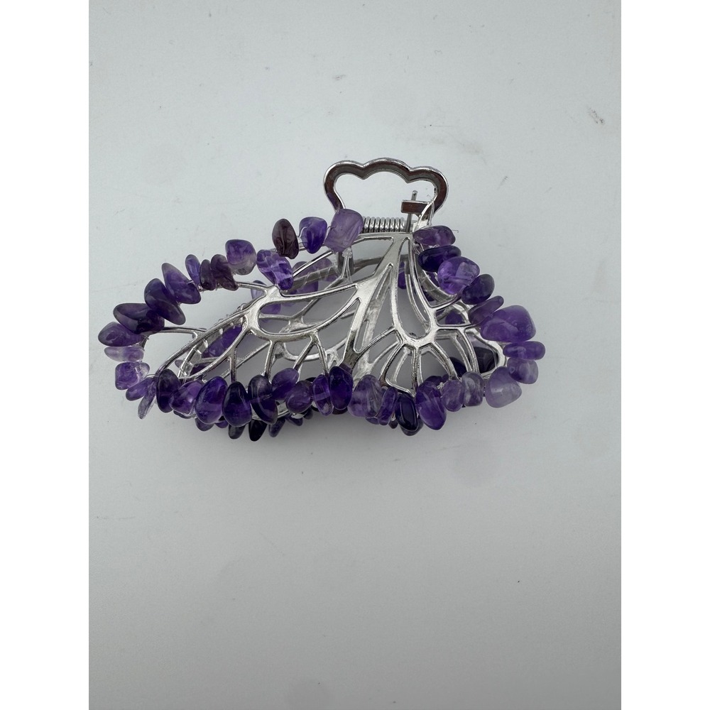 Amethyst Crystal Stone Chip Hair Claw Clip Silver Tone Butterfly Filigree New